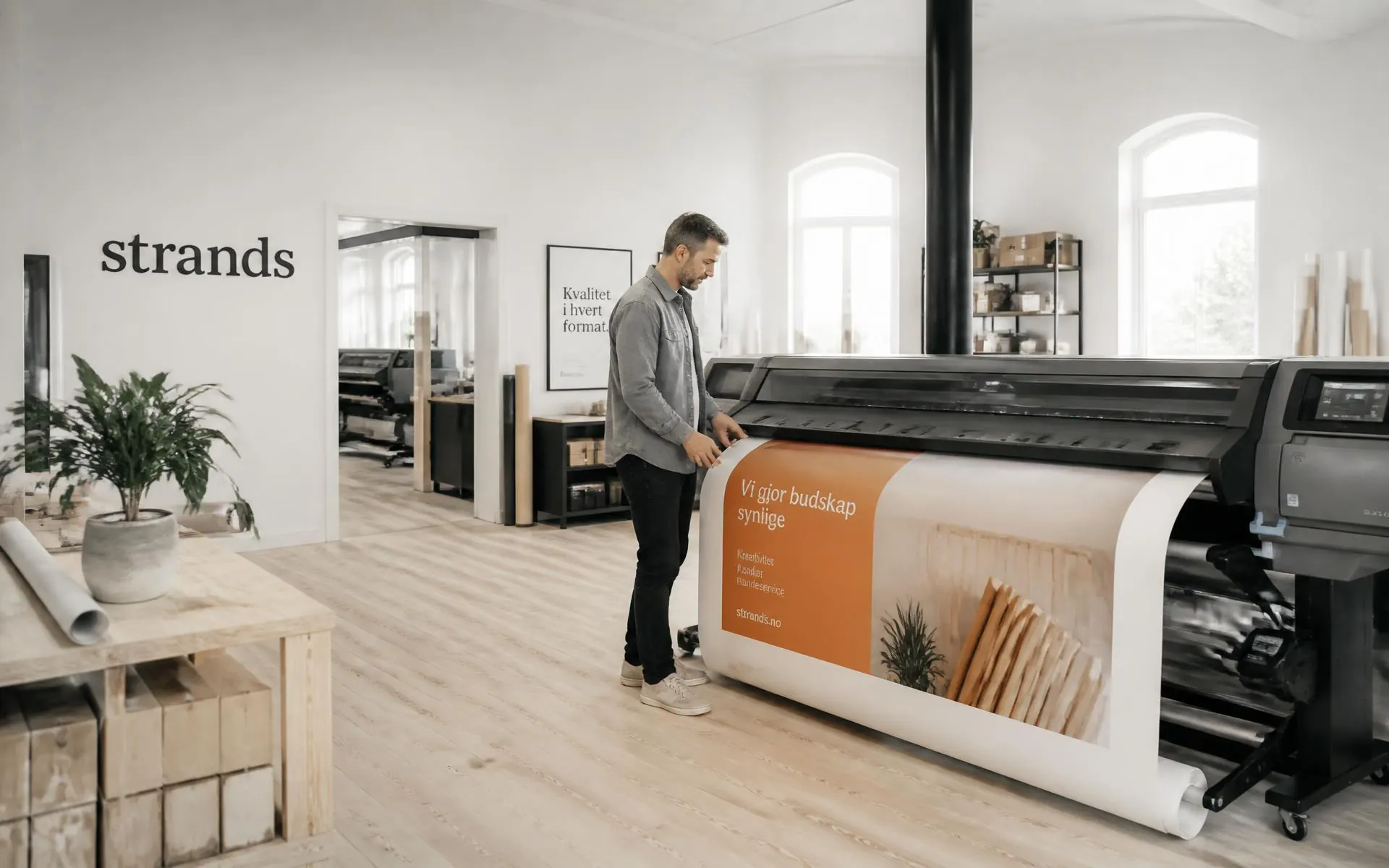 Grootformaat printer produceert een banner in de werkplaats van Printschuur.nl
